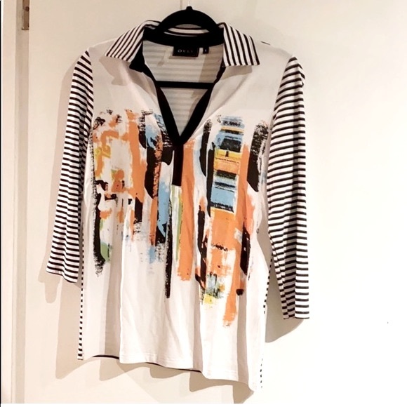 🍒 Multi-Color Abstract Top w/ Black & White Stripes !!! - Picture 1 of 5
